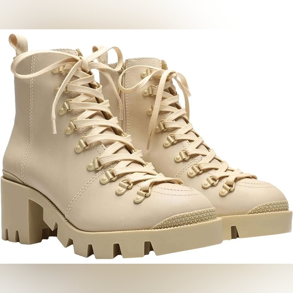 Schutz Xayane Lug-Sole Leather Lace Up Platform Combat Boots Almond Buff Leather - Picture 6 of 16